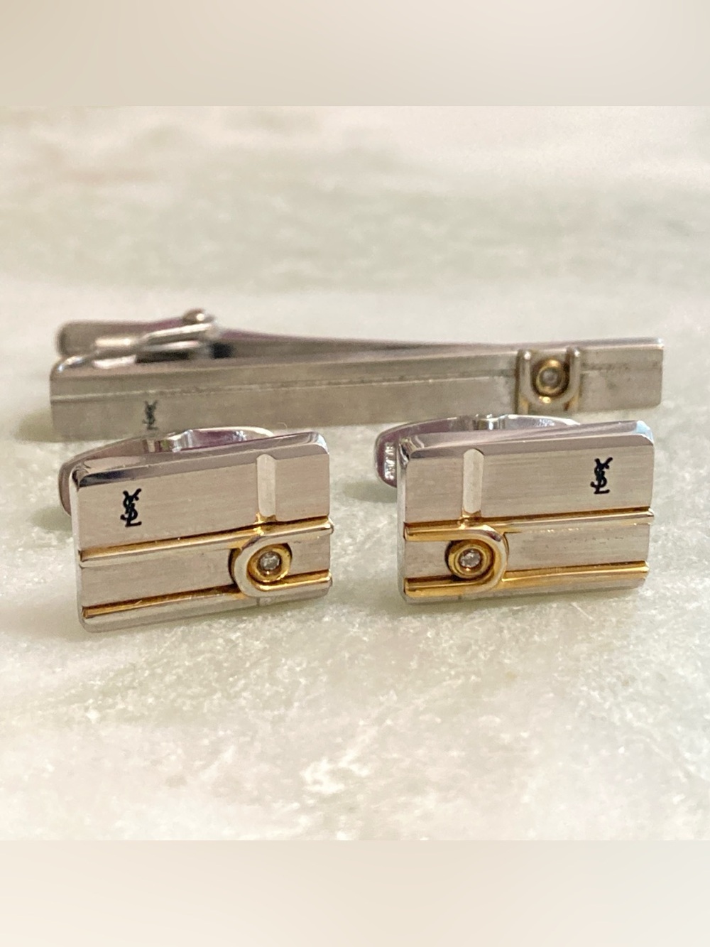 YSL 925 Silver Cuff Links + Tie Clip Set Vintage